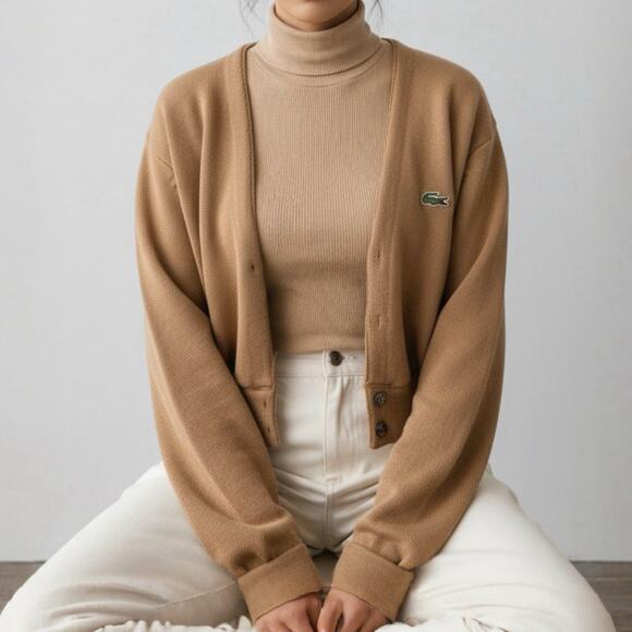 90s Lacoste Camel Cropped Cardigan Preppy Collegiate Oldmoney Minimalist Tan - Picture 2 of 12